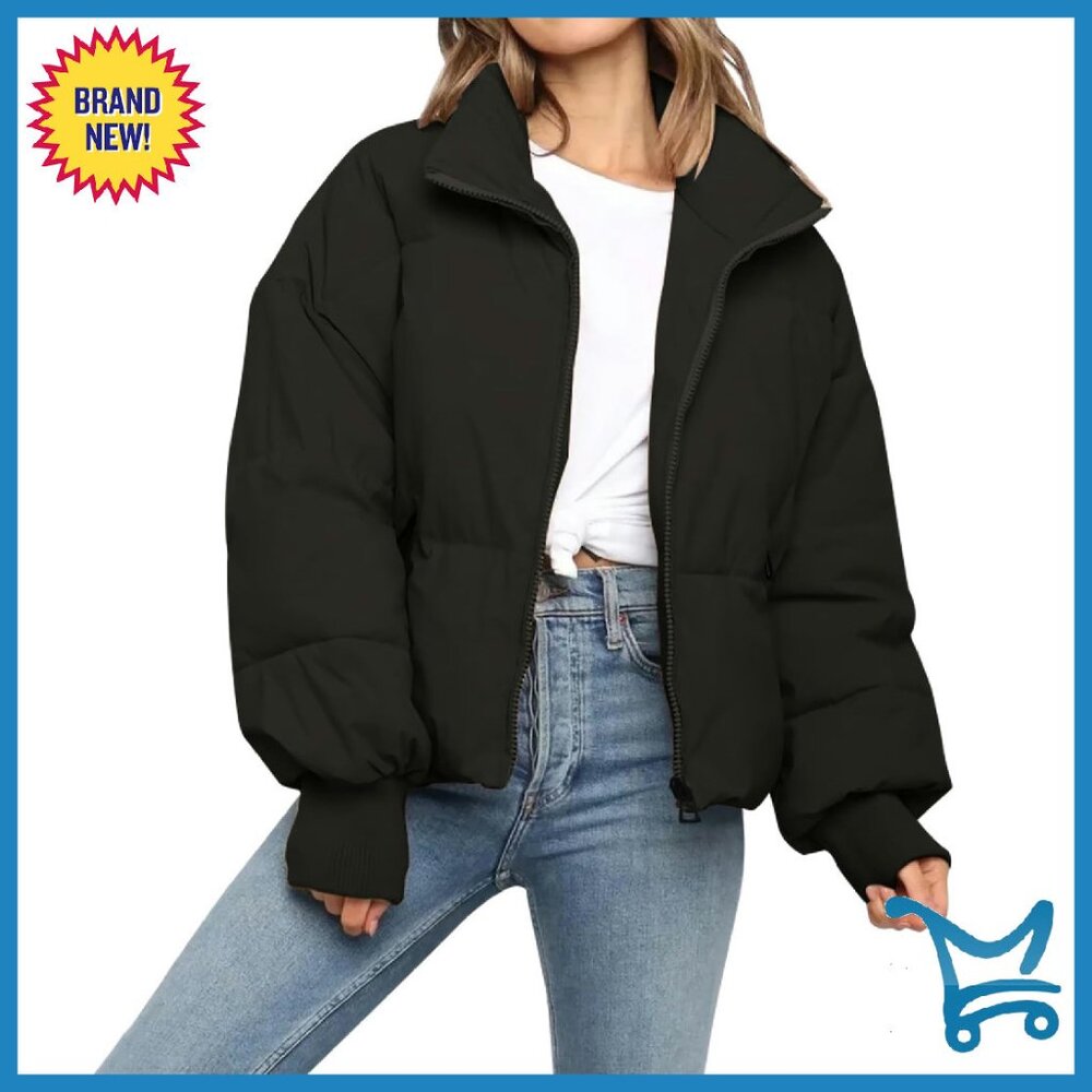 Cropped Puffer Jacket Women's Winter Quilted Oversized Zip Down Coat